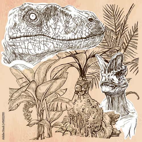 T-Rex and Velociraptor. DINOSAURS - Life in the prehistoric time. Freehand sketching, line drawing. Hand drawn vector illustration. Colored background is isolated. Line art technique. Editable vector.
