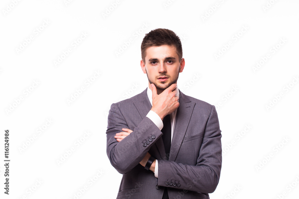 Portrait of a pensive businessman touching his chin over white background Portrait of a pensive businessman touching his chin over white background