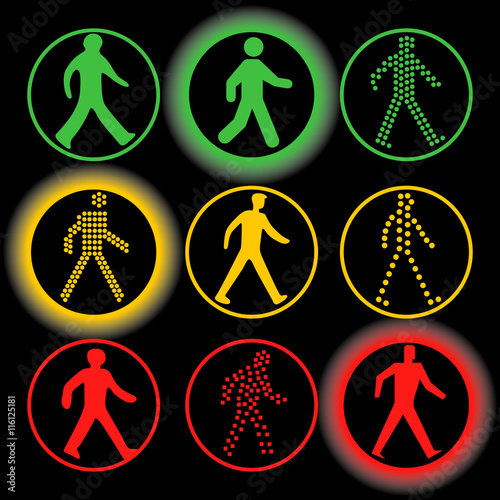 Isolated traffic lights elements vector logo set. Circular road signs.