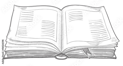 Open retro book. Vector of isolated old  book at engraving style. 