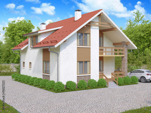 3d rendering of private suburban, two-story house in a modern st