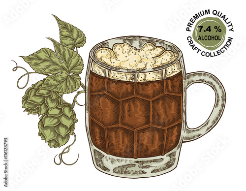 Hand drawn beer glass with hops plant. Alcohol drink sketch