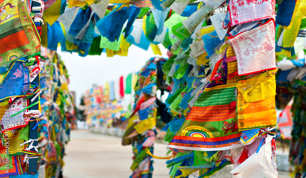 Prayer flags and Hadak at sunset in the Republic of Buryatia. Datsan Rinpoche Bagsha on Bald Mountain in Ulan-Ude, Russia. Prayer flags and Hadak at sunset in the Republic of Buryatia. Datsan Rinpoche Bagsha on Bald Mountain in Ulan-Ude, Russia.