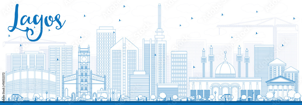 Outline Lagos Skyline with Blue Buildings.