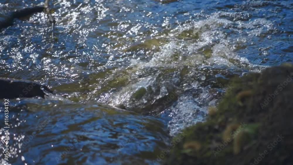 Blue water in the river smoothly bends around a rock and sparkles in the sun. Slow motion, high speed camera, 250fps Blue water in the river smoothly bends around a rock and sparkles in the sun. Slow motion, high speed camera, 250fps