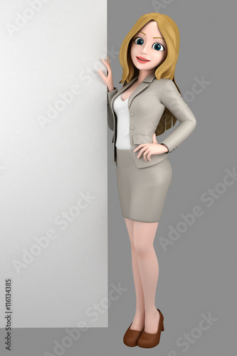 3d illustration of a young business woman in office attire with white blank board photo