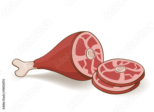 cartoon roasted ham slices on white. pork steak meat. vector