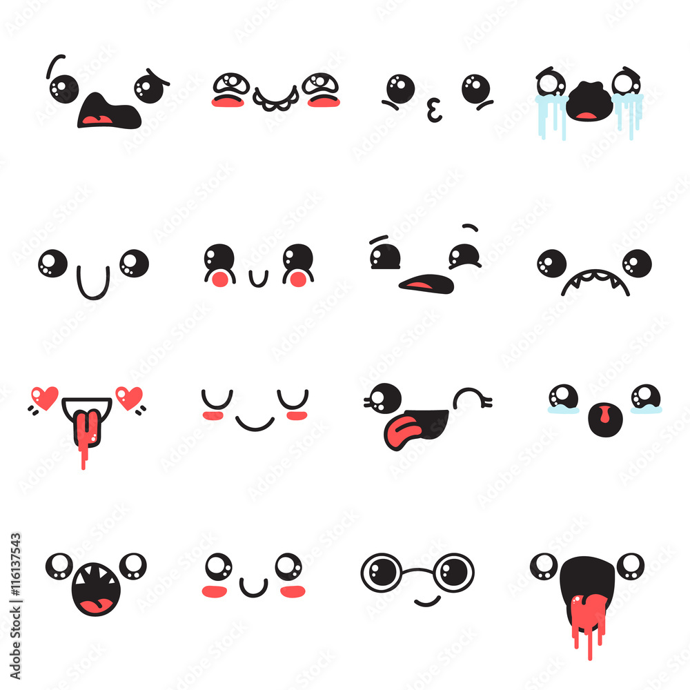 Set of 16 different pieces doddle emotions to create characters. Emotions for design. Anime. Anger and joy. Surprised and hurt. Indifference and shock. Laughter and tears. Set of 16 different pieces doddle emotions to create characters. Emotions for design. Anime. Anger and joy. Surprised and hurt. Indifference and shock. Laughter and tears.