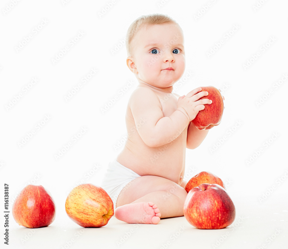 Beautiful baby with red apples. Baby eating healthy food isolated. Beautiful baby with red apples. Baby eating healthy food isolated.