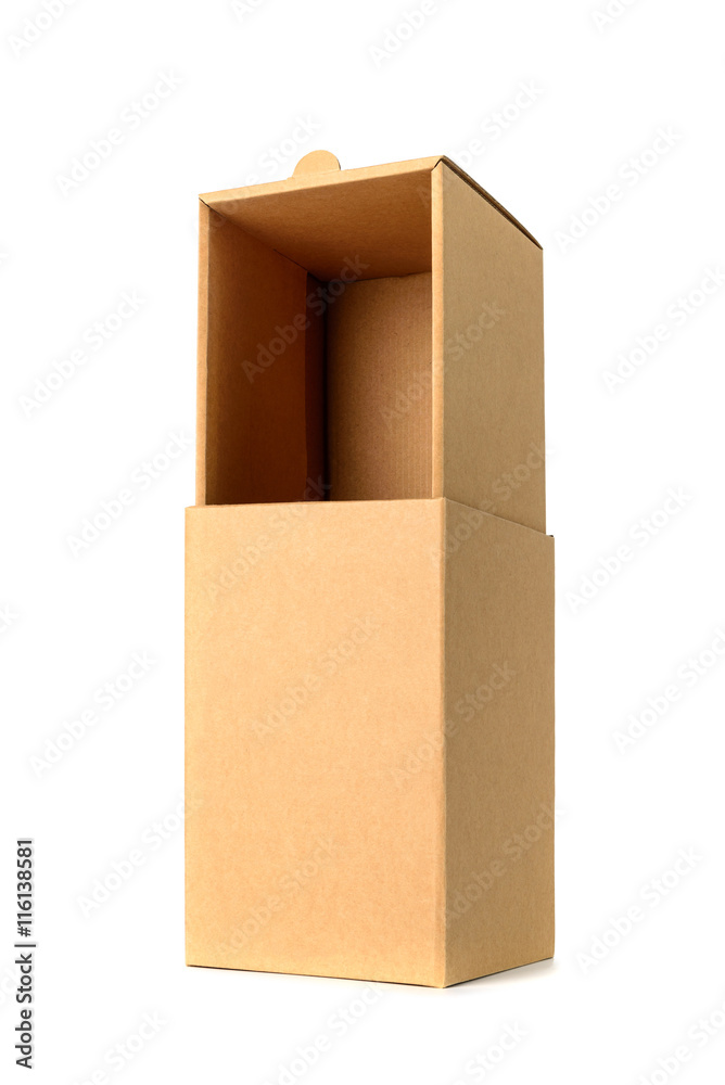 Brown cardboard box package with cover, isolated on white backgr Brown cardboard box package with cover, isolated on white backgr