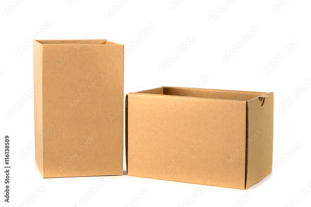 Brown cardboard box package with cover, isolated on white backgr Brown cardboard box package with cover, isolated on white backgr