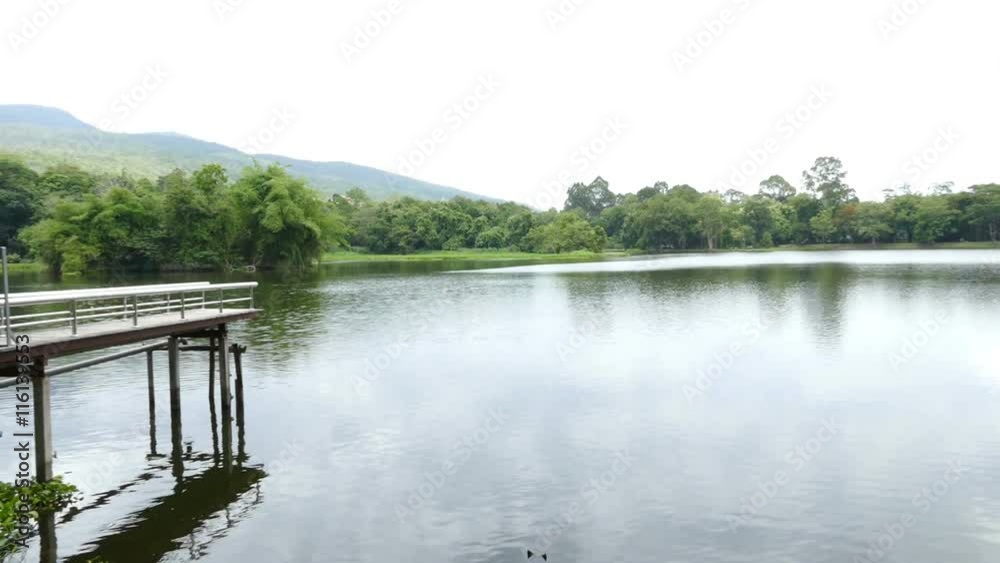 scenic of the wooden pier, mountain, forest and the pond (panning left) scenic of the wooden pier, mountain, forest and the pond (panning left)