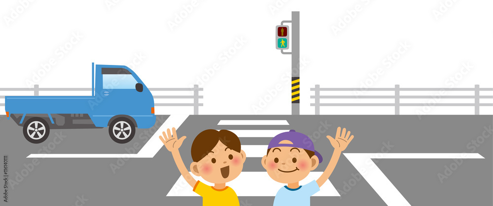 手を挙げて横断歩道を渡る小学生と軽トラックのイメージイラスト Stock ベクター Adobe Stock