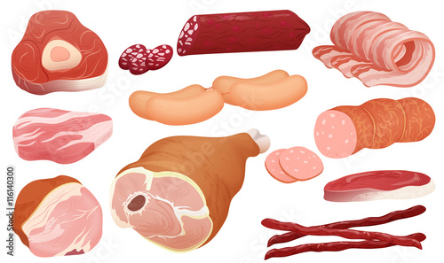 Different kinds of meat collection. pork meat, veal and ham meat, salami slices, sausage, bacon and beef. Fresh steak.