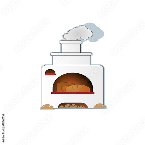 Cartoon hand drawn russian oven with bread vector illustration.