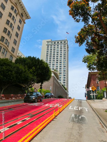 Photography typical San Francisco street with cable car tracks, California