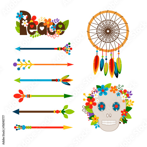 Hippie or boho elements. Vector ethnic set with arrows and skull, floral peace pattern and dream catcher