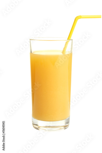 a glass of orange juice on white isolated background