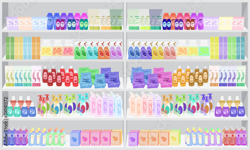 Store supermarket shelves shelfs with household chemicals.