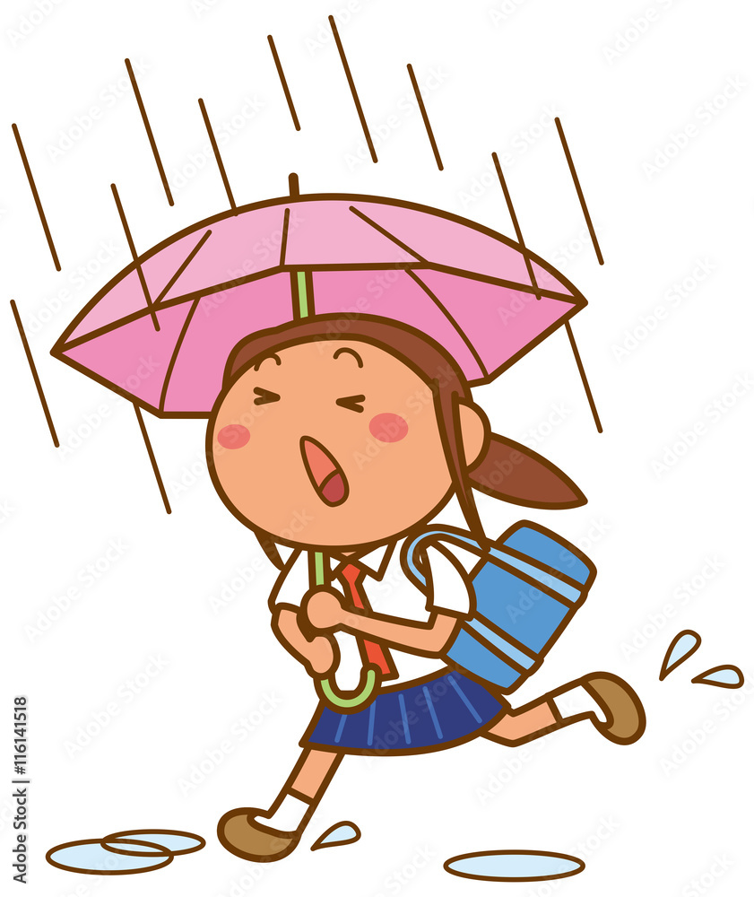 雨降りに傘を差して走る女子高校生のイメージイラスト Stock Vector Adobe Stock