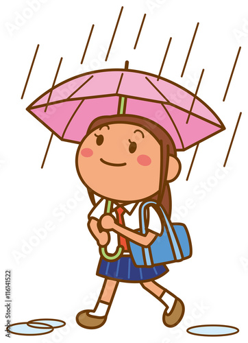 雨降りに傘を差して歩く女子高校生のイメージイラスト