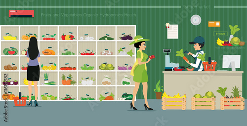 Credit card customers are from the counter to buy vegetables in supermarkets.