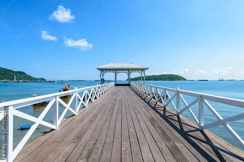 wood waterfront pavilion, at Koh si chang island in Thailand