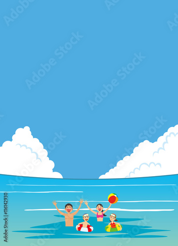 家族で海水浴をしているイメージイラスト © kintomo