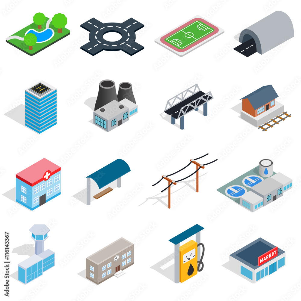 Infrastructure icons set in isometric 3d style. City set collection isolated vector illustration