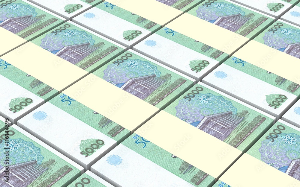 Uzbekistan sums bills stacks background. 3D illustration.