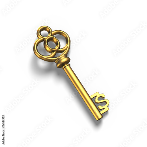 Old dollar shape treasure key in gold, isolated in white, 3D ren