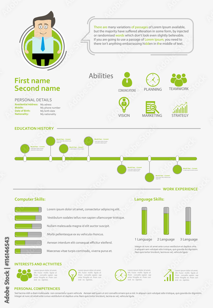 Flat Resume with Infographics and Timeline