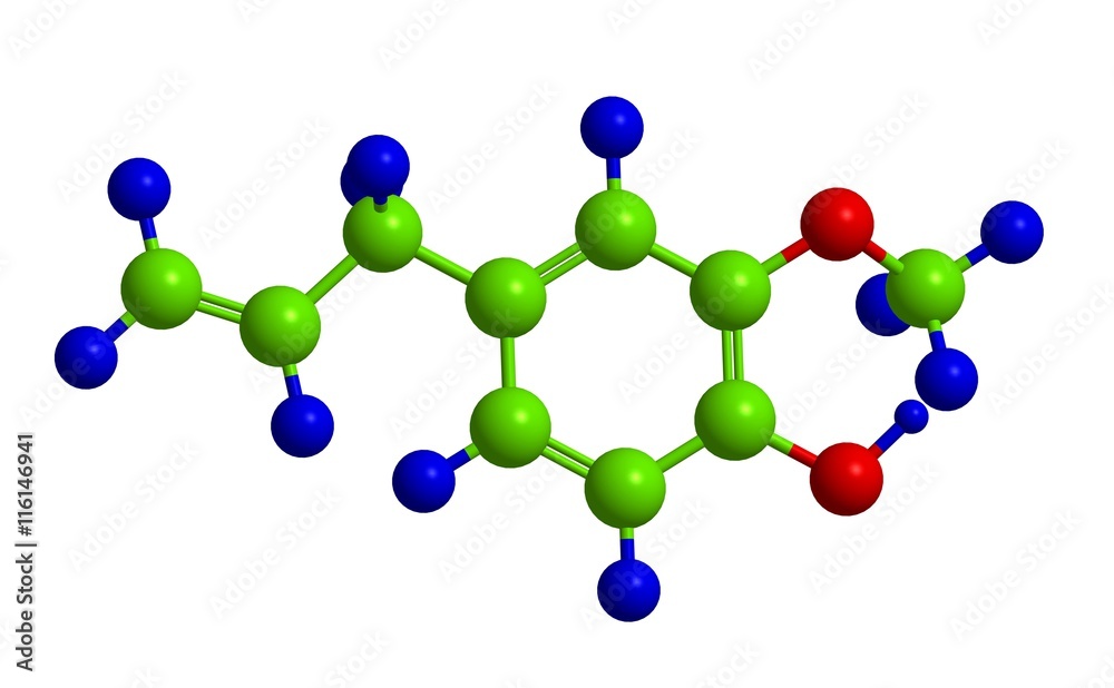 Molecular structure of Eugenol, 3D rendering Molecular structure of Eugenol, 3D rendering
