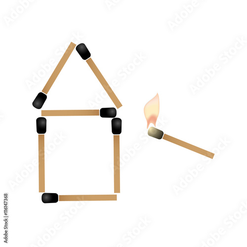simple house made of matches and burning match trying ignite roof eps10