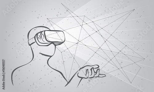 Man wearing virtual reality goggles. Monochrome high-tech illustration on a black background with lines and dots.