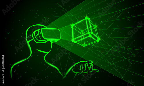 Man wearing virtual reality goggles. Man controls the 3D object by means his hands. Green neon high-tech illustration on a black background.