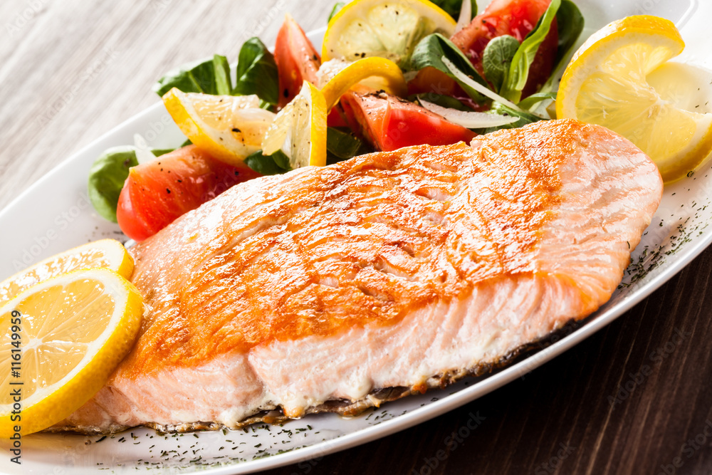 Grilled salmon steak and vegetables Grilled salmon steak and vegetables