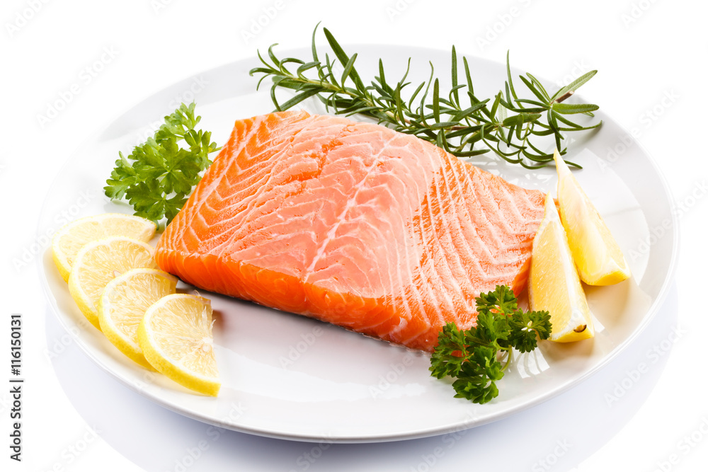 Fresh raw salmon steak on white background Fresh raw salmon steak on white background