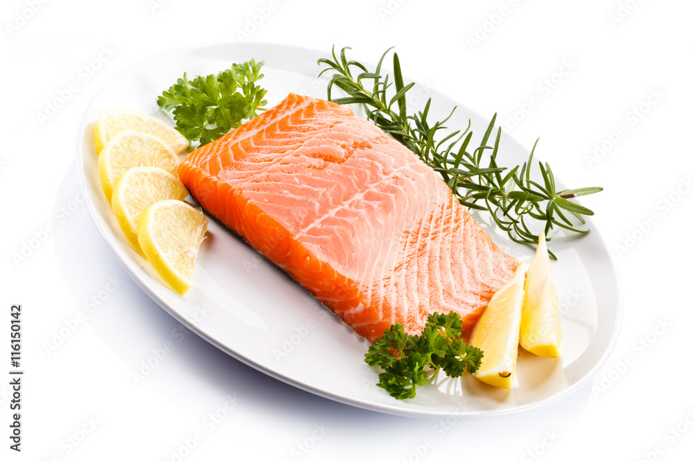 Fresh raw salmon steak on white background 