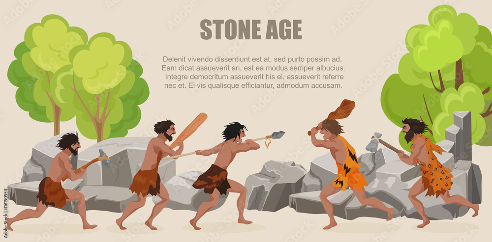 Stone age war primitive men tribes fighting. Barbarian Caveman warrior