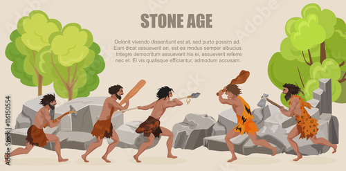Stone age war primitive men tribes fighting. Barbarian Caveman warrior, ancient man with weapons.