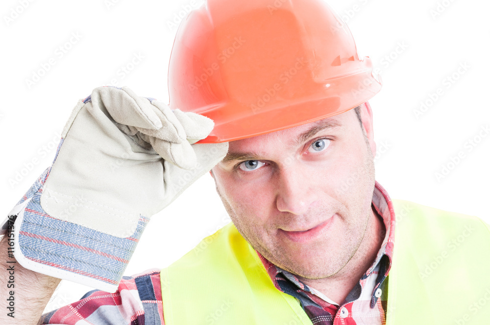 Closeup of male constructor doing salutation gesture Closeup of male constructor doing salutation gesture