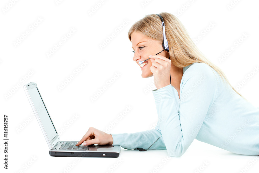 Young woman is using laptop. Isolated on white. Young woman is using laptop. Isolated on white.