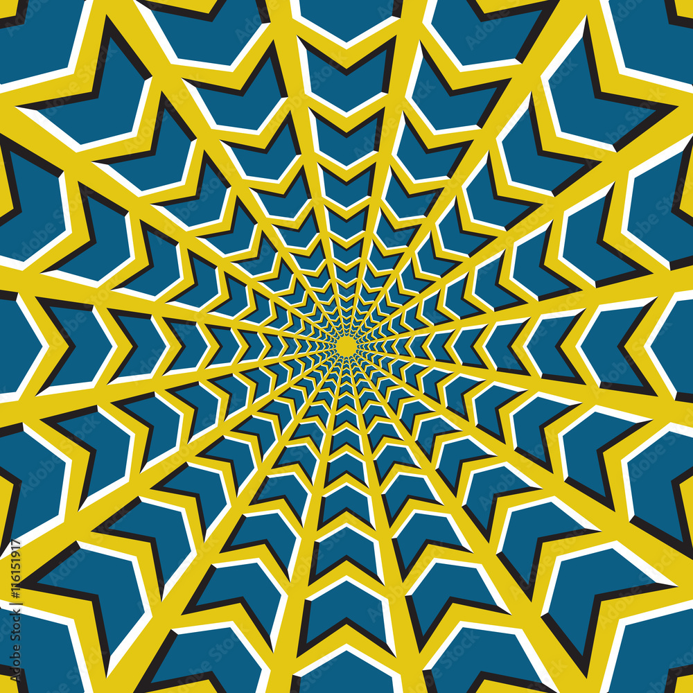 Optical illusion background. Blue arrows fly circularly to the center on yellow background.