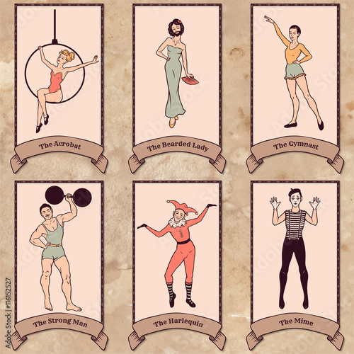 Vintage circus characters set: acrobat, the bearded lady, gymnast, strong man, harlequin, mime
