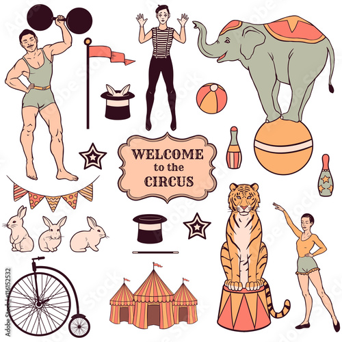 Set of various circus elements, people, animals and decorations