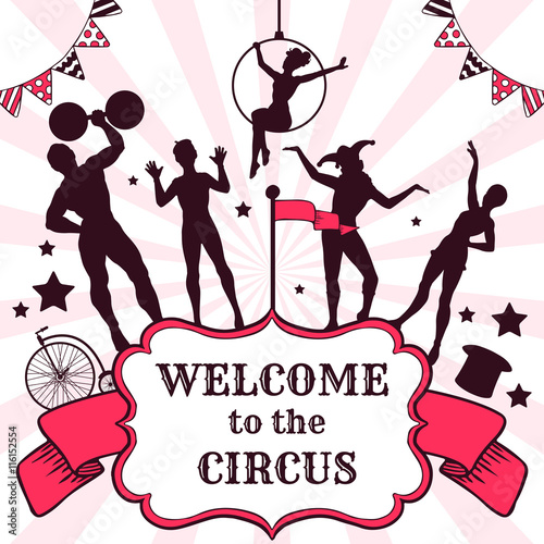 Circus performance advertisement with silhouettes of performers