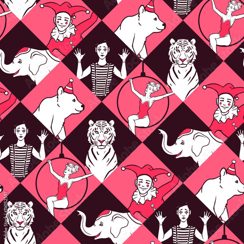 Seamless pattern with circus performers. Vector seamless texture for wallpapers, pattern fills, web page backgrounds