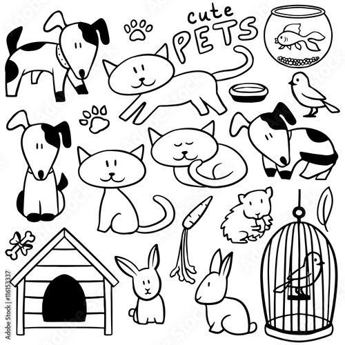 Set of cute hand drawn pets and various elements