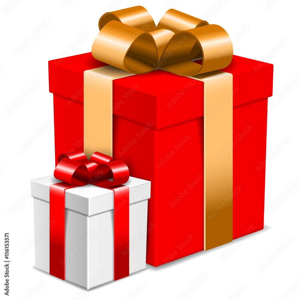 Two gift boxes with decorative bows isolated on white, vector illustration Two gift boxes with decorative bows isolated on white, vector illustration